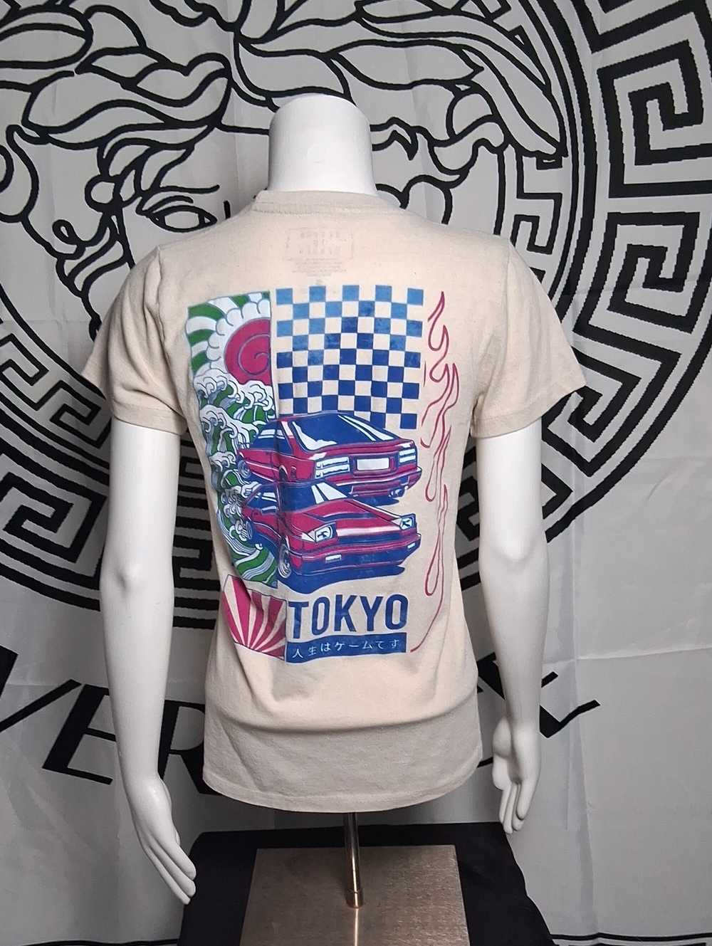 Cream Graphic Tokyo Back-Print Tee with Red and Blue Cars